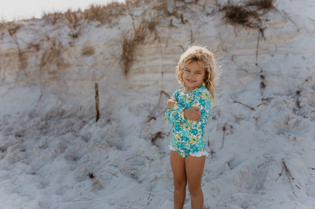 Teal Flower Power Rash Guard Swimsuit