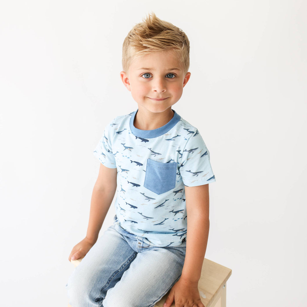 Boys Organic Cotton Crew Neck Pocket T - Majestic Whales