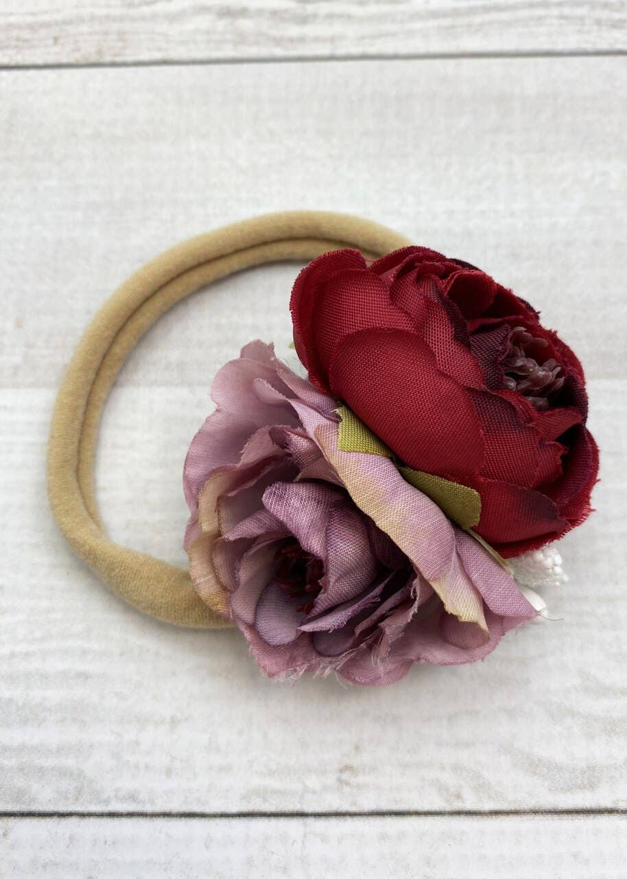 Wine & Dusty Rose Mini Cabbage Rose Headband