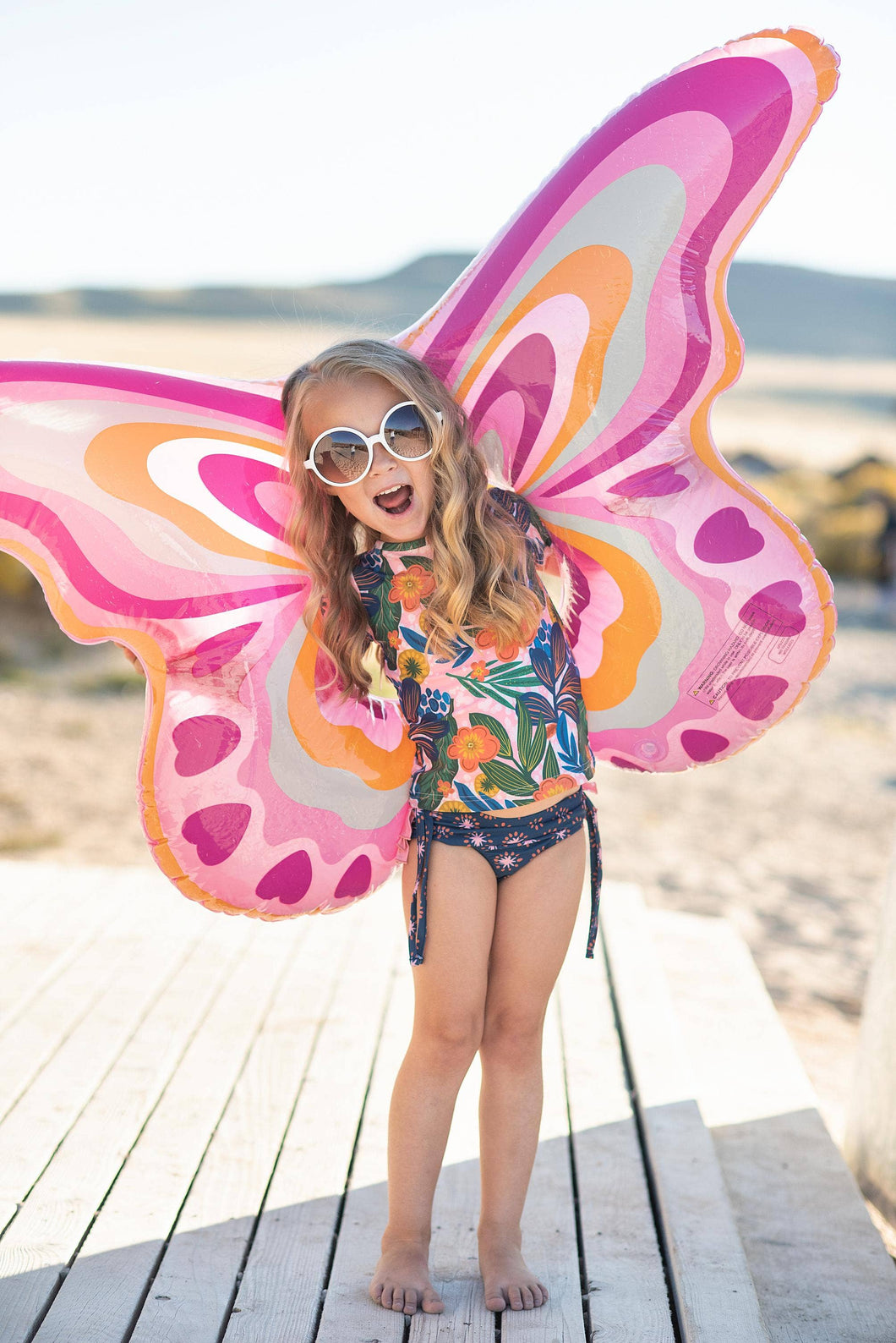 Kids Pink Navy Tropical Floral Rash Guard Ruffle Swimsuit