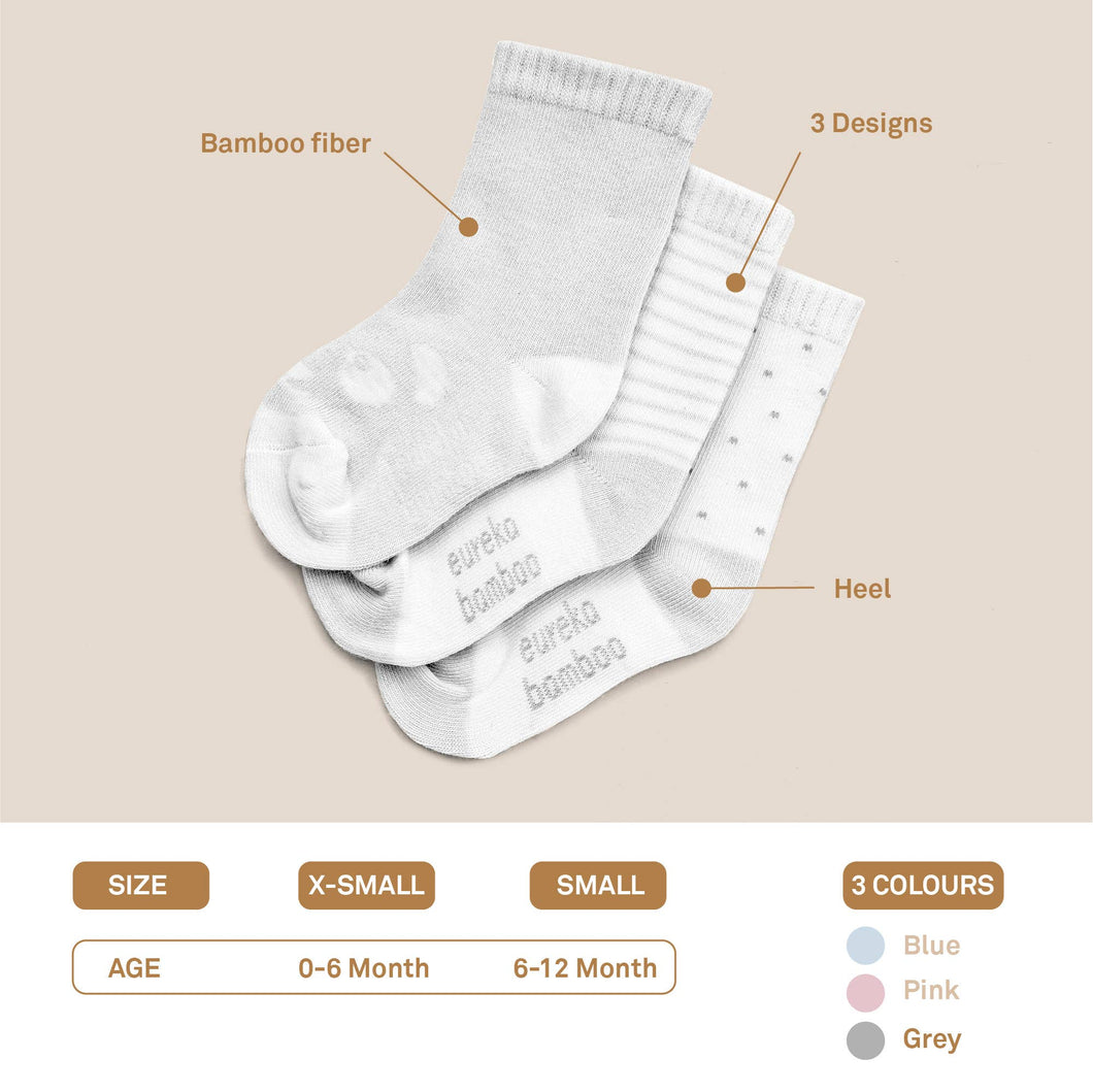 Baby Organic Bamboo Socks GREY 0-6 & 6-12Month (3pairs)